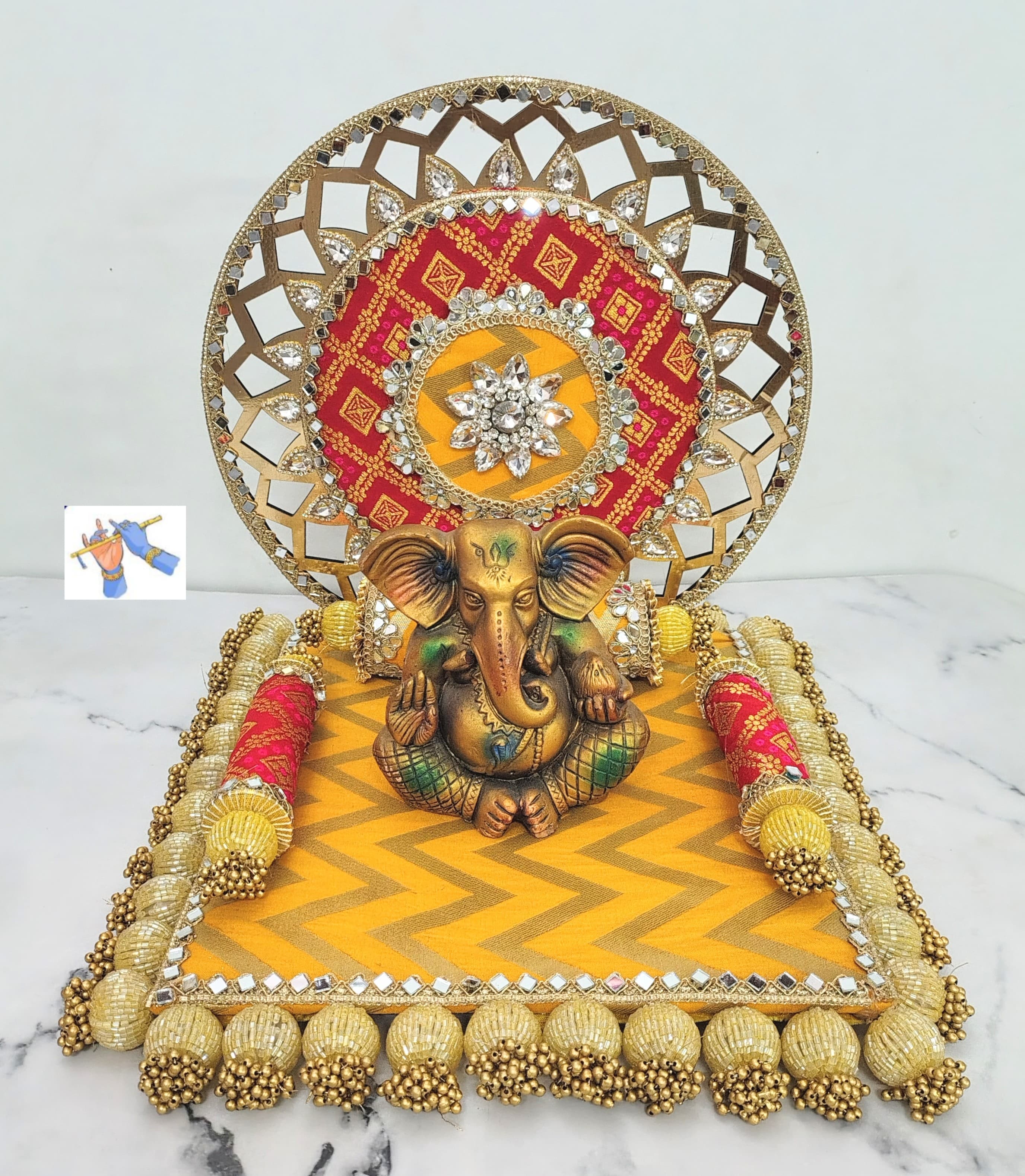 wooden round yellow and red singhasan  for laddu gopal